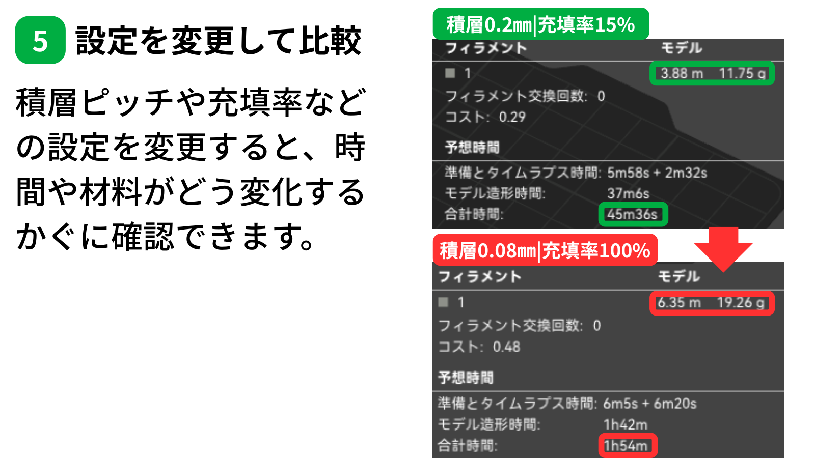 Bambu Studioで積層ピッチと充填率変更前後の結果を比較
